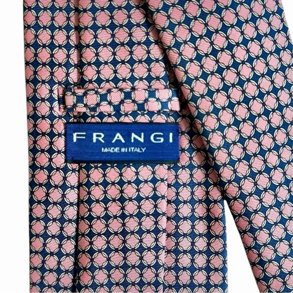 New Frangi Silk Tie Made in Italy Navy Pink Geometric Pattern Luxury Necktie